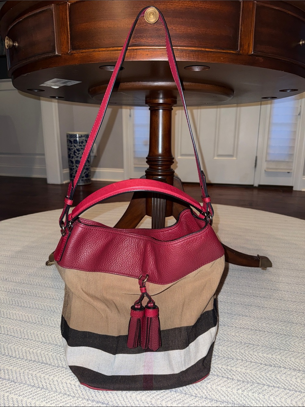 Women's Burberry Red Leather & Canvas Striped Hobo Bag